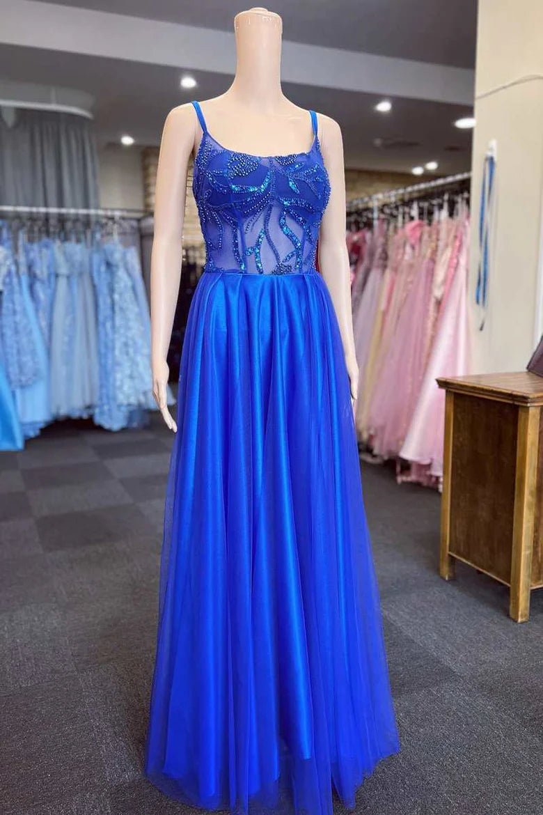 Vestido de fiesta de corte A con escote redondo y apliques